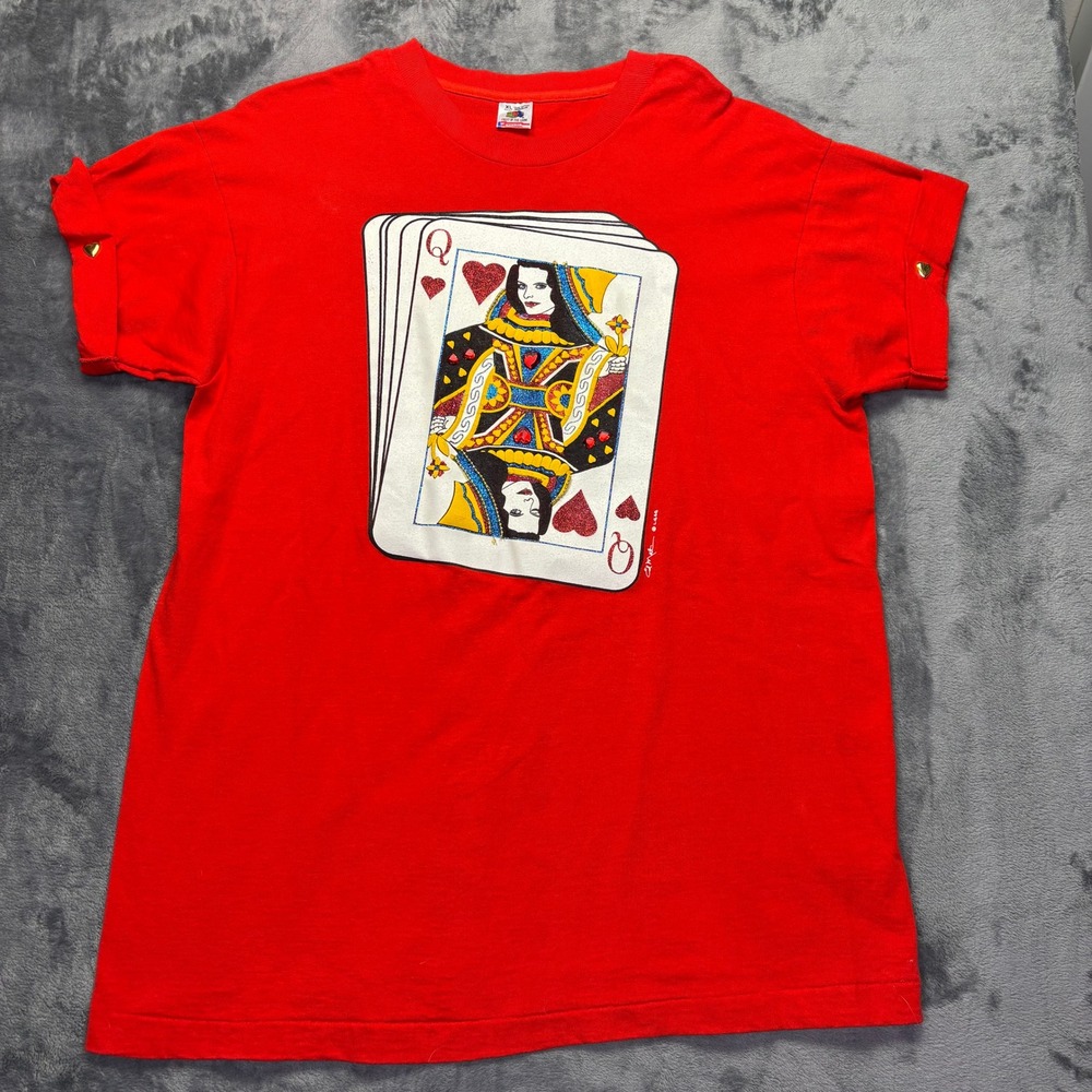 Vintage Queen of Hearts Playing Card T-Shirt Mens XL 80s USA Red Graphic Tee